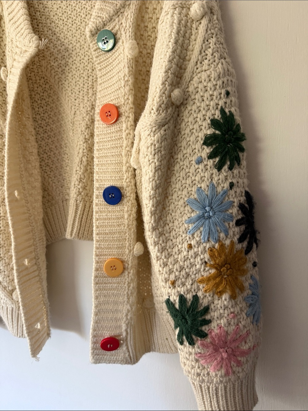 Anthropologie Cream Chunky Cardigan with Multicolor Floral Appliqués - Picture 2 of 5
